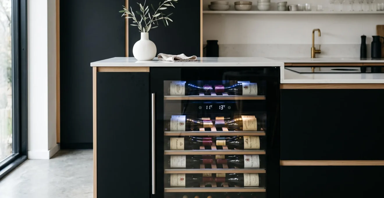 Cave à vin électrique encastrable avec porte vitrée anti-UV et affichage digital indiquant deux zones de température à 11 et 13 degrés Celsius, bouteilles stockées sur clayettes métalliques