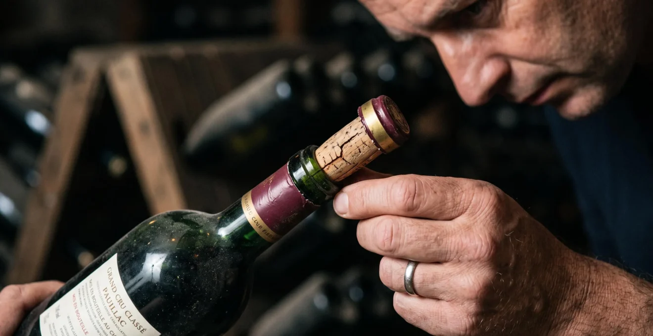 Gros plan sur le col d'une bouteille de Pauillac tenue par la main d'un professionnel, montrant un bouchon liège fissuré et desséché avec espace visible entre le liège et le verre