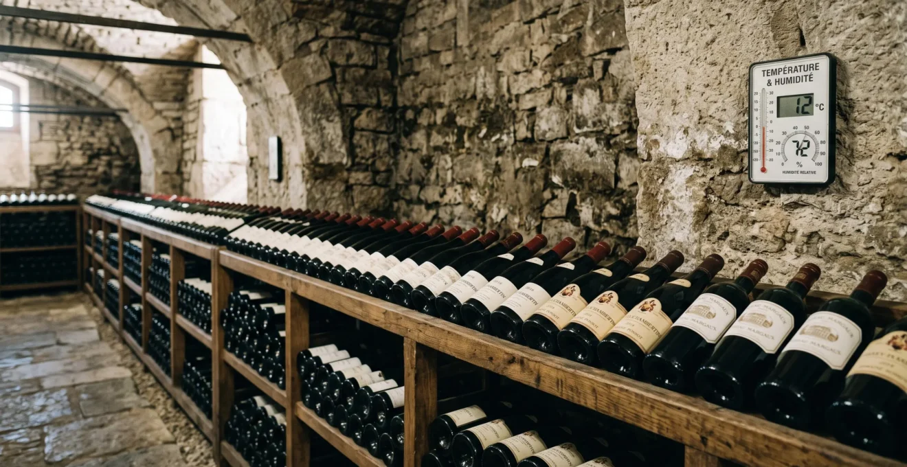 Rangées de bouteilles de grands crus français stockées horizontalement sur clayettes en bois dans une cave de vieillissement aux murs de pierre, avec thermomètre-hygromètre indiquant 12 degrés Celsius et 72 pourcent d'humidité