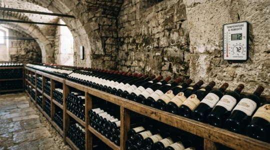 Rangées de bouteilles de grands crus français stockées horizontalement sur clayettes en bois dans une cave de vieillissement aux murs de pierre, avec thermomètre-hygromètre indiquant 12 degrés Celsius et 72 pourcent d'humidité