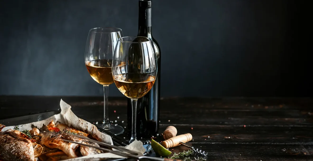 Une main verse du vin blanc dans un verre posé près d'une assiette de poisson.