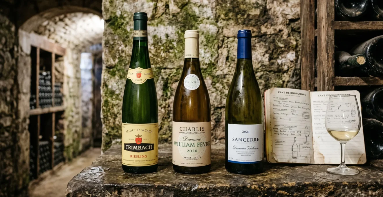 Trois bouteilles de vin blanc de régions différentes alignées sur une étagère en pierre.