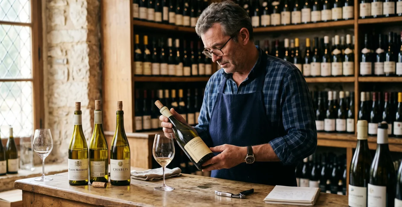 Un caviste examine une bouteille de vin blanc derrière son comptoir de dégustation.