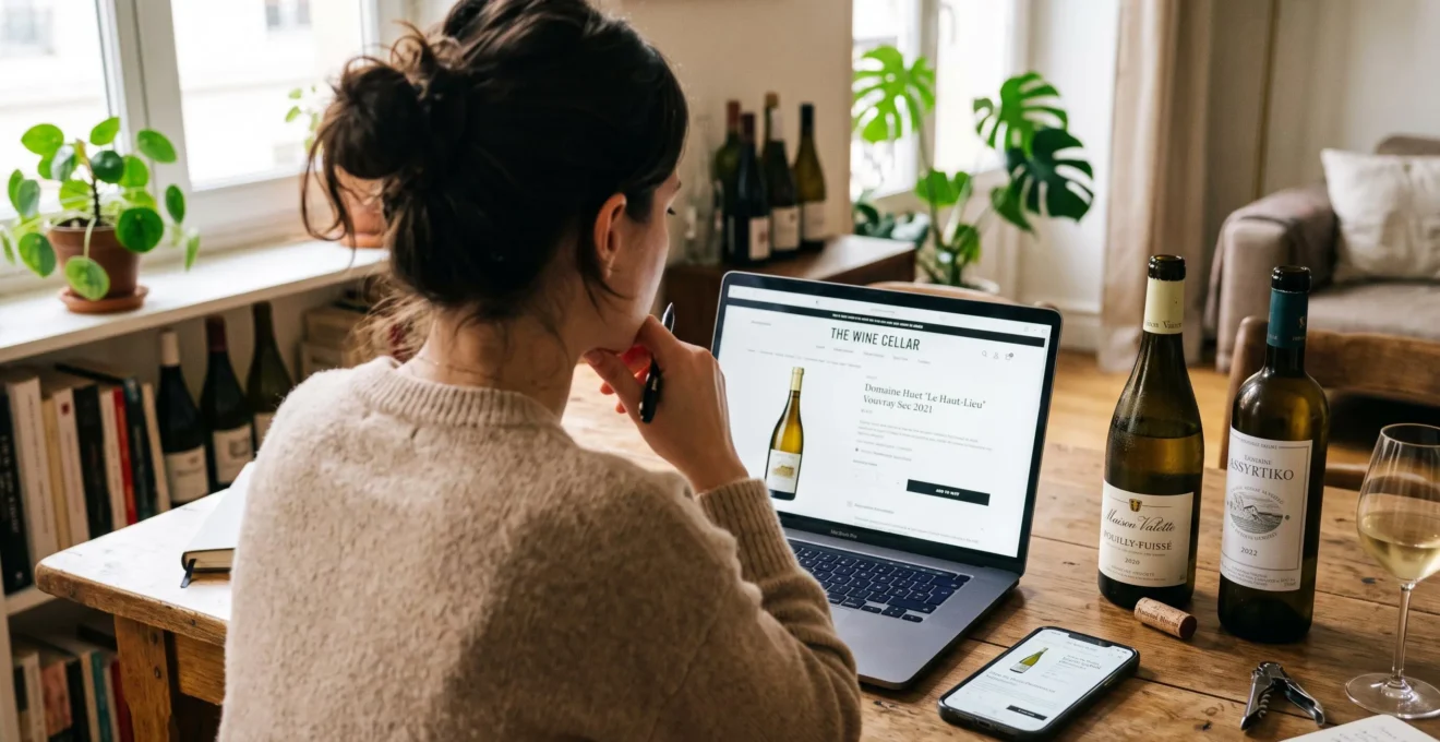 Une cliente compare des bouteilles de vin blanc sur son ordinateur à la maison.